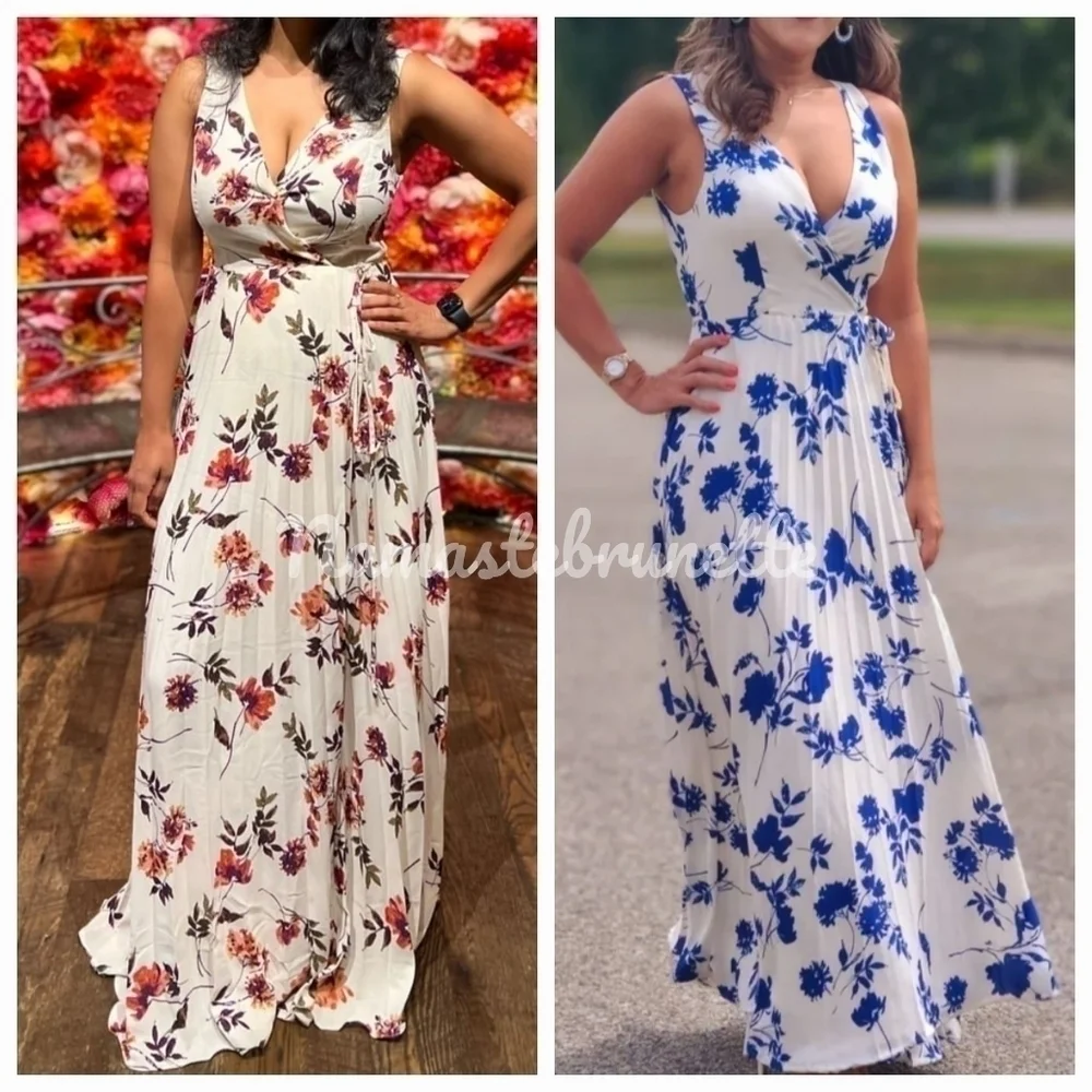 Nwt Lulu's Small Boho Ivory Multi Floral Print Pleated Wrap Maxi Dress - Picture 7 of 16